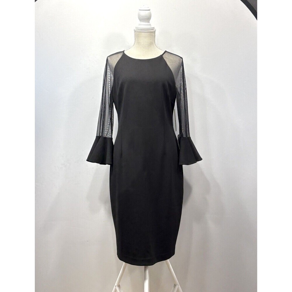Eliza J Black Sheath Dress Womens 12 Sheer Bell Sleeve Cocktail Career New